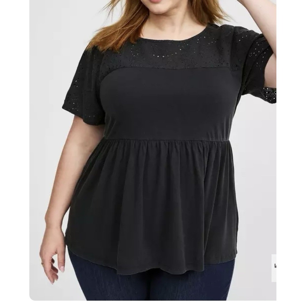 Torrid Vintage Cotton Jersey Crew Neck Eyelet Yoke Babydoll‎ Top size 1X